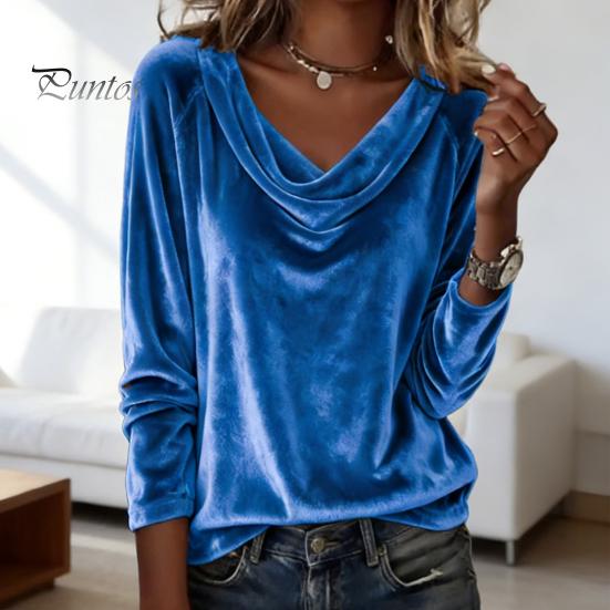 Classy Commuting Top Women Tops Loose Fit Large Neckline Long Sleeve Velvet Relaxed Shirt Texture Pullover Solid Color Spring Autumn Blouse