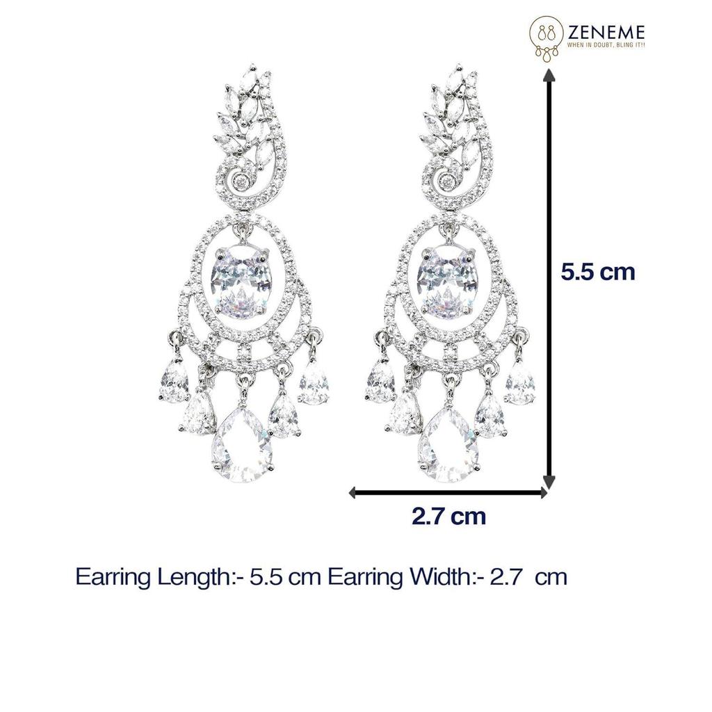 Rhodium-Plated American Diamond Studded Oval & Leaf Shaped Drop Earrings For Girls and Women