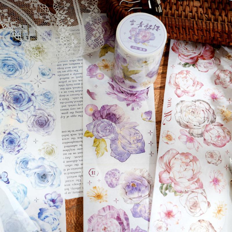 1 Roll 6x200cm Watercolor Floral Washi Tape Stickers, Fresh Hand-Painted Flower Journal Decor, Diary Collage DIY Material