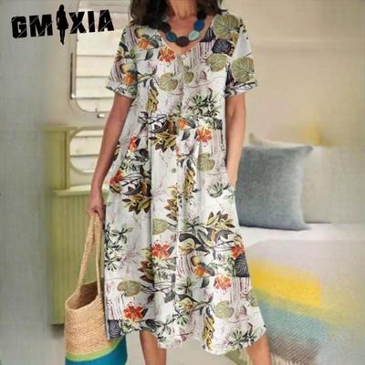 Women's Fashion Summer Spring Solid Color Print Short Sleeve V-Neck High Waist Casual Dresses