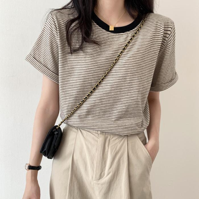 2025 Summer Fashion Women T-Shirts Stripe Graphic Tshirt Femme Harajuku Casual Loose Tee Shirt Gray Yellow Y2k Top Clothes T Shirt Female Streetwear