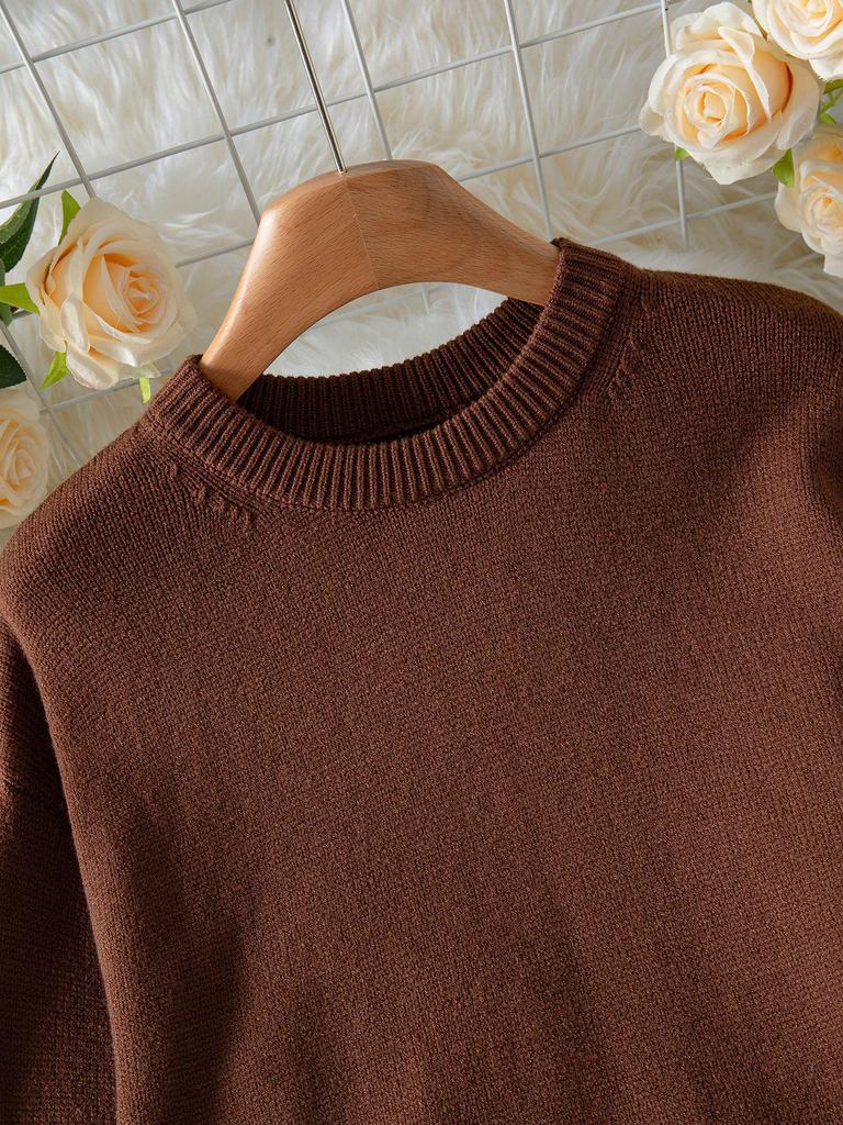 Damen einfarbiger Rippstrick Pullover - Herbst/Winter, Lockerer Schnitt, Rundhalsausschnitt, Lässiger Stil