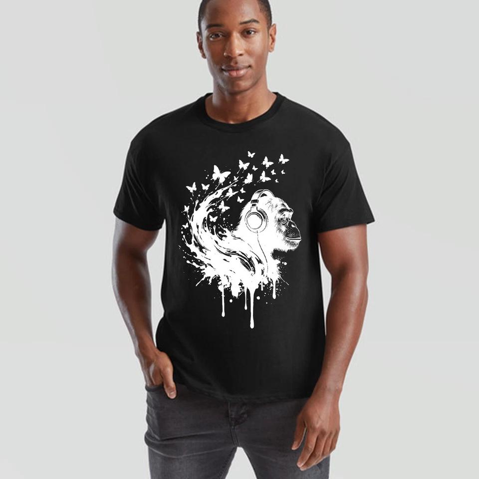 Chimpanzee Headphones Butterflies Animals Primates Mens T-shirt Womens Graphic M