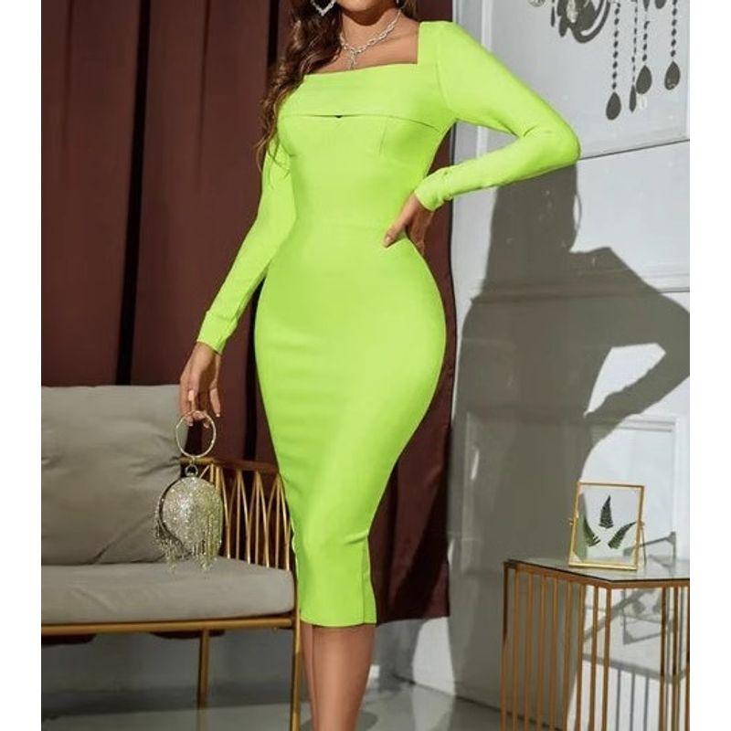 

Export Single Fashion European, American and French Style Classy Niche Design Low-Cut Long Sleeves Elastic Rubber Band Hip Bag Dress Green L