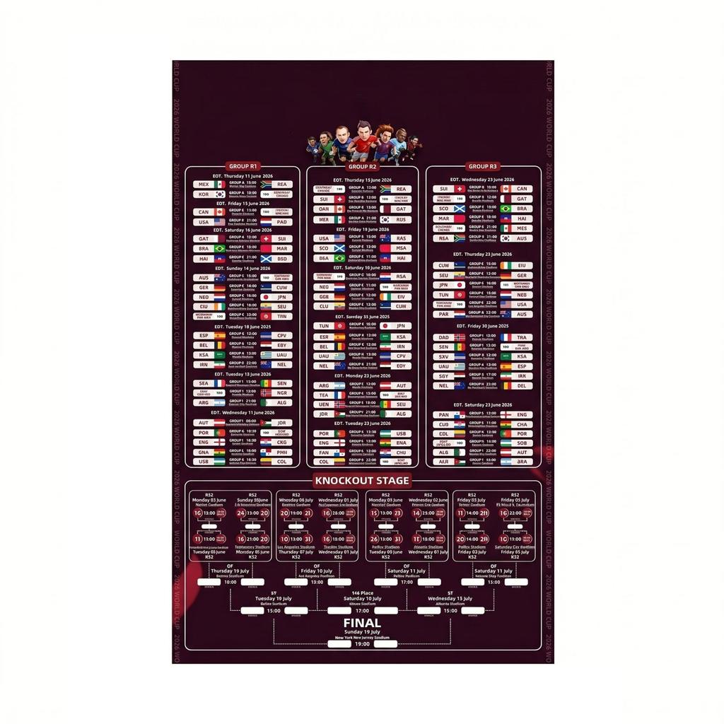2026 World Cup Schedule Poster Soccer Tournament Match Fixtures Knockout Stage Bracket Wall Sticker for Sports Fans Room Decoration