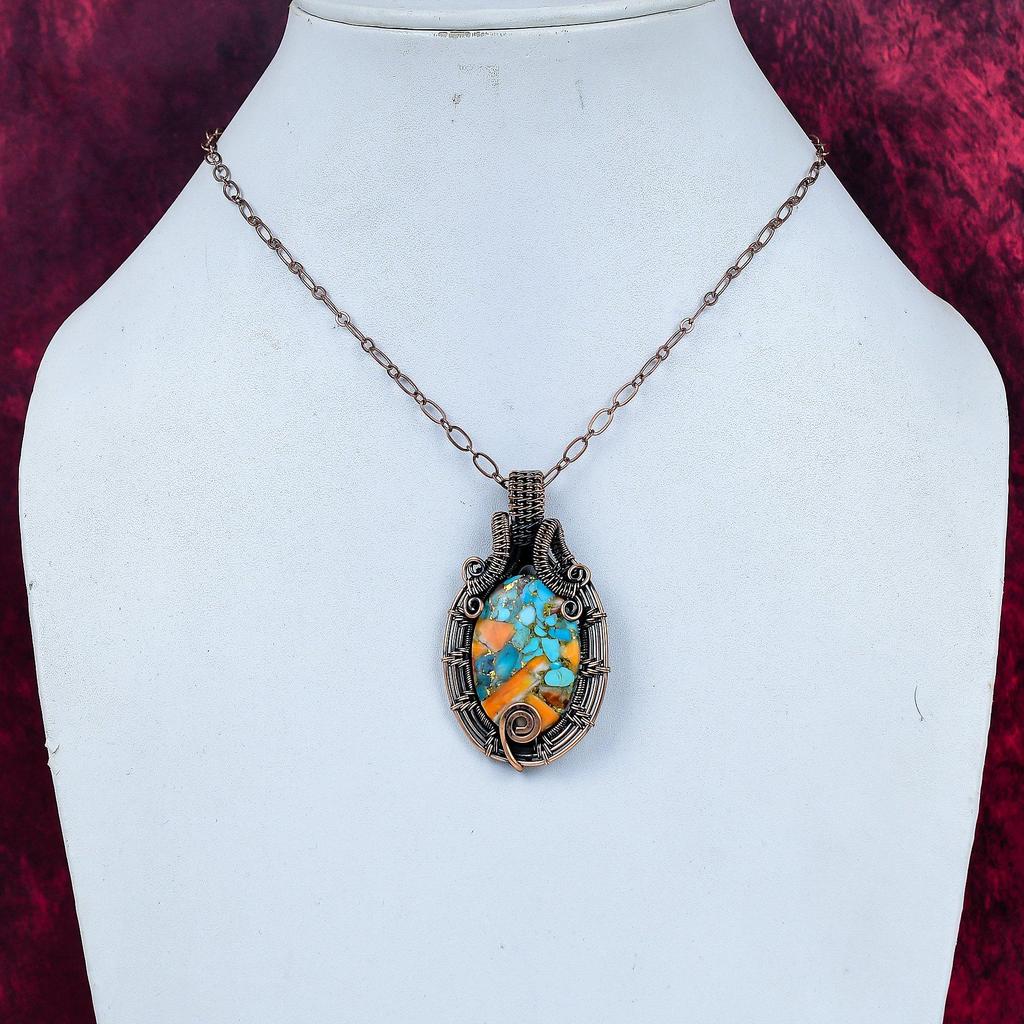 Spiny Oyster Copper Turquoise Pendant Copper Wire Wrapped Gemstone Jewelry