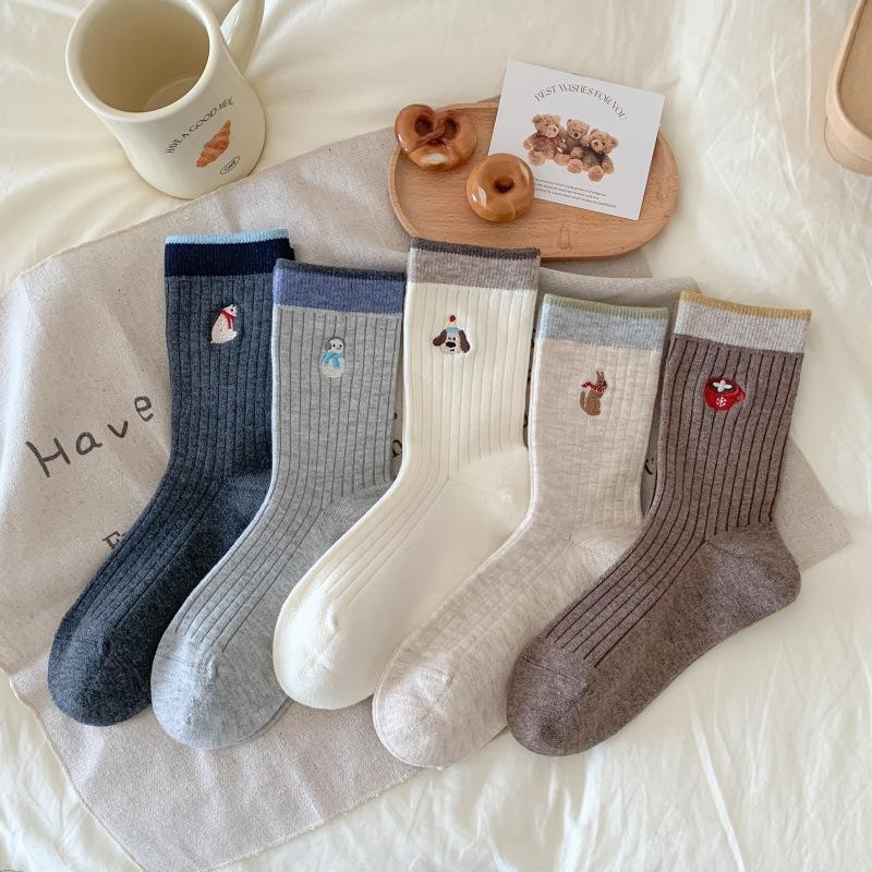 Boneless Socks For Girls Cute Cartoon Embroidery Warm Socks Preppy Style Versatile Stack Stockings
