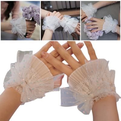 Puños de muñeca Lolita con lazo de encaje y volantes extraíbles para boda, vestido de novia, mangas falsas, mangas acampanadas de tul