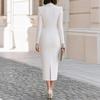 Robe moulante pour femme avec col et bordure en dentelle, manches longues