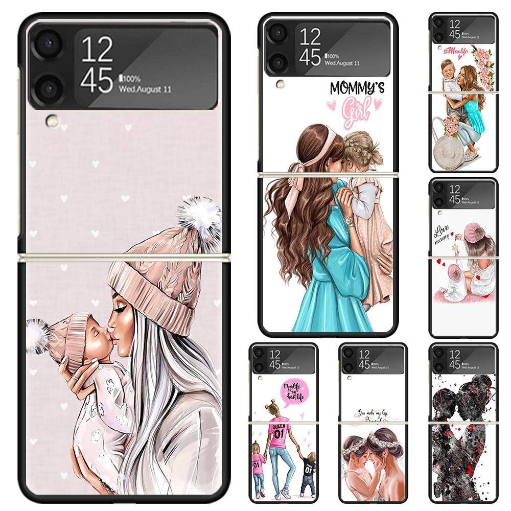 Mom Baby Girls Hard PC Phone Case For Samsung Galaxy Z Flip 6 5 4 3 Black Cover ZFlip6 Flip5 Flip4 5G Foldable Print Cases