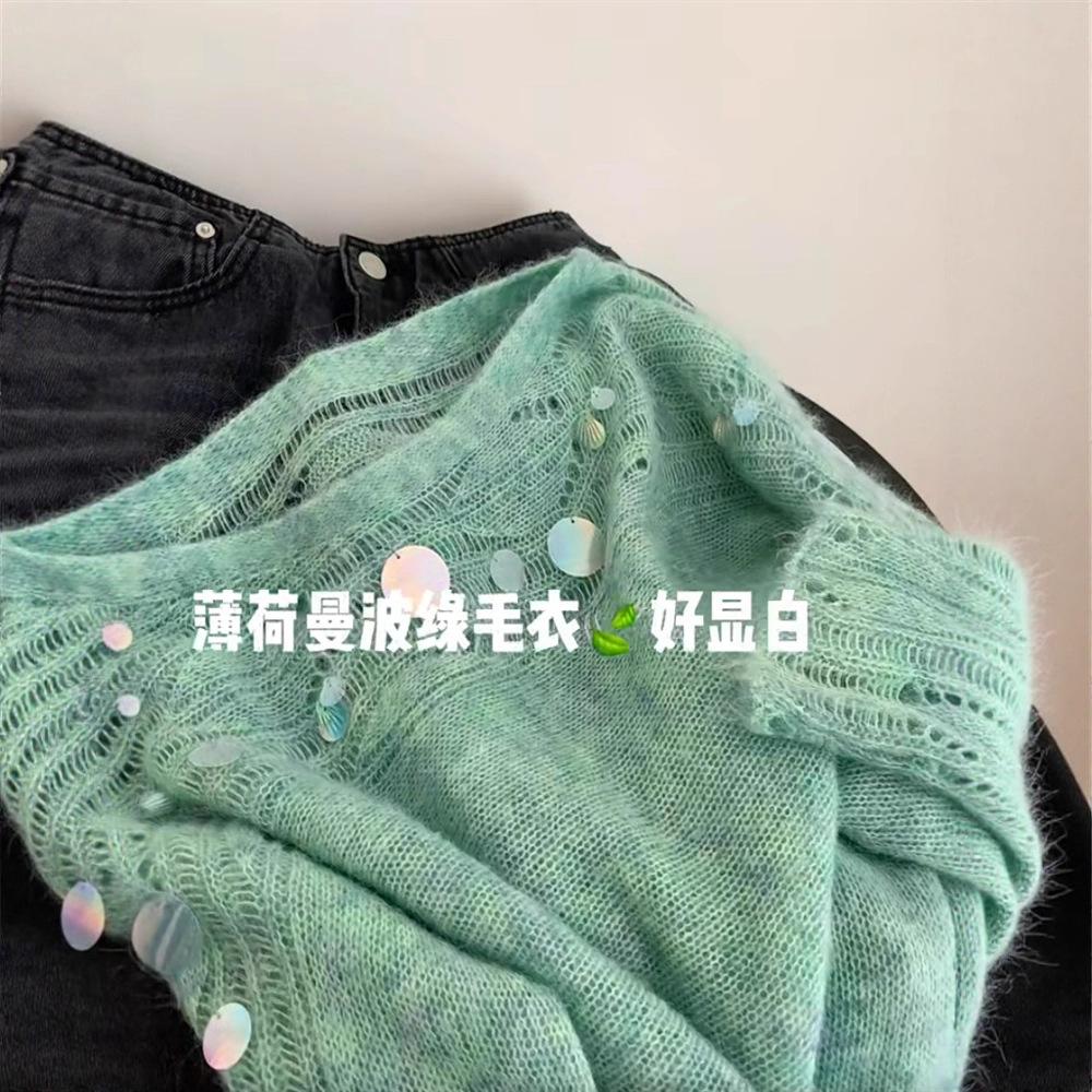 Recommended Dopamine Green Hollow Sequin Knitted Sweater for Women's New Autumn High-end Soft Waxy Sweater for Self-retention