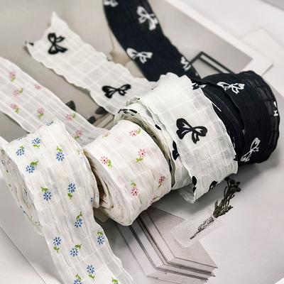 4cm Wide Small Floral Chiffon with Fine Grid Edging Craft Bow Headdress Hair Accessories Handmade DIY Flower Gift Box