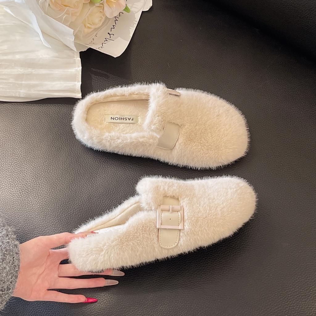 2025 new autumn and winter high-end plush cotton slippers = fashionable bag head fluffy slippers for women