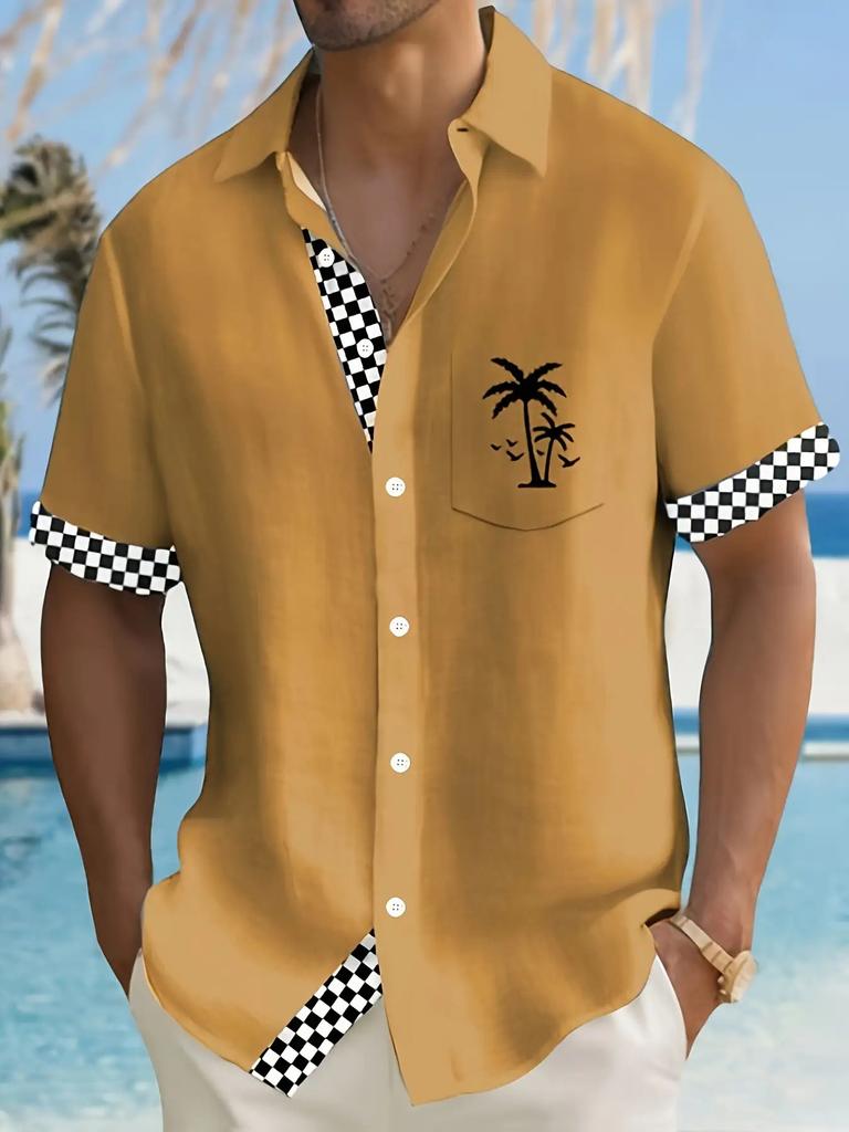 Hawaiian Black and White Plaid Coconut Tree Print Men's Button Pocket Short Sleeve Shirt