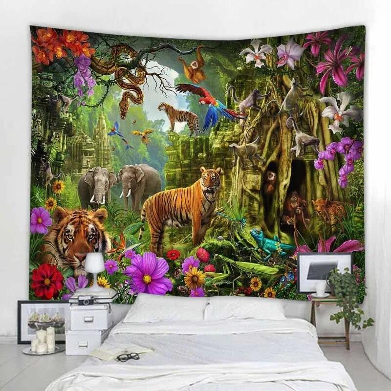 

Настенный гобелен с тропическими джунглями и животными, украшение для дома, гобелен, пляжное полотенце, коврик для йоги, гобелен 150x100cm