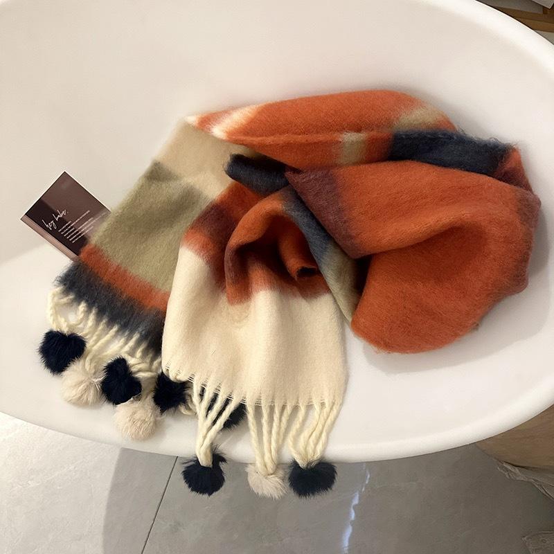 Winter new high-end warm thickened scarf women's winter dopamine striped hairball cold-proof shawl