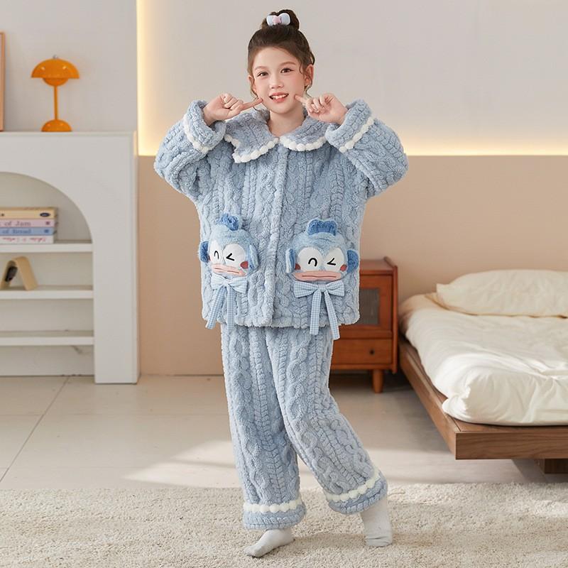 Girls Winter Coral Fleece Pajama Set Long Sleeve Hooded Sleepwear Kids 8 Years Soft Warm Home Outfit
