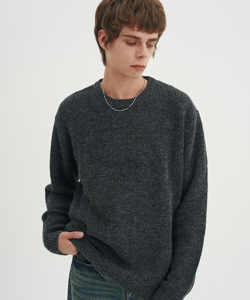 BLOND9 Crew Neck Rib Knit Sweater_Charcoal (C Type)