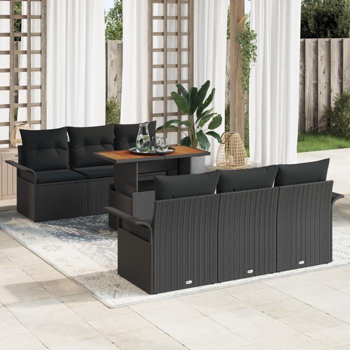 VidaXL Ensemble de canapé de jardin 7 pièces avec coussins noir poly rattan acacia 3349281