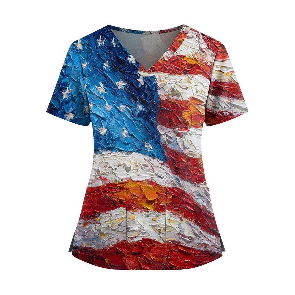 Women's Independence Day Print V-Neck Double Pocket Short Sleeve Uniform with Slit Hem - Caregiver Top