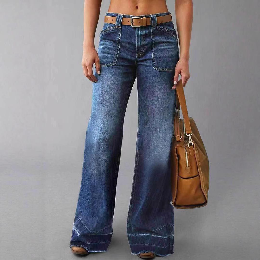 VibeStreet Джинсы Женские Джинсовые Расклешенные Брюки Стрейч Высокая Талия Карманы Стирка Потертые В Пол Длина Уличная Одежда Клеш Брюки S синий