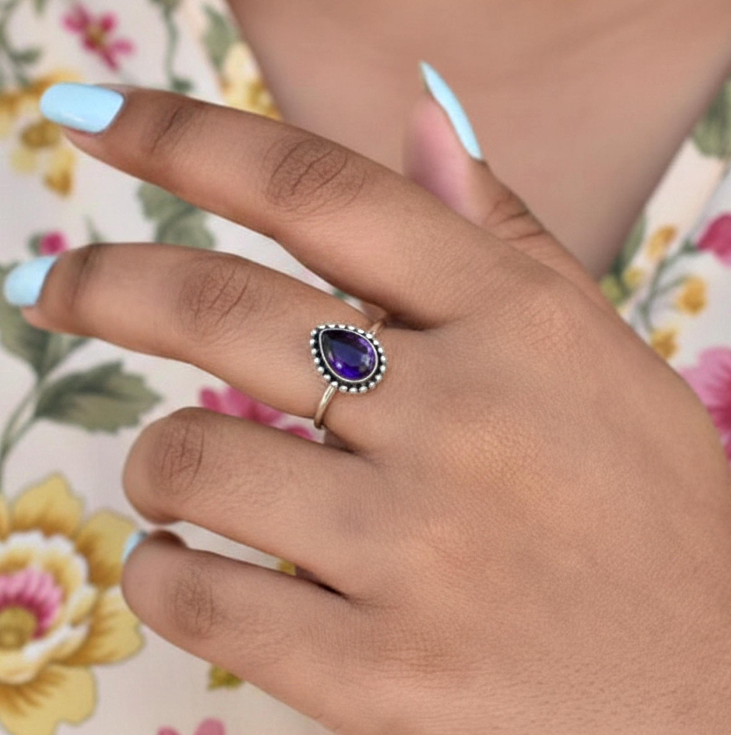 

Purple Amethyst Pear Shape Dainty Ring, 925 Sterling Silver, Minimalist Boho Ring, Gift for Her 4