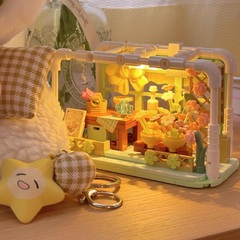 Kawaii Assembly Building Blocks Small Animal Shop Street View Assembly Model Anime Toy Girl Birthday Gift Building Blocks