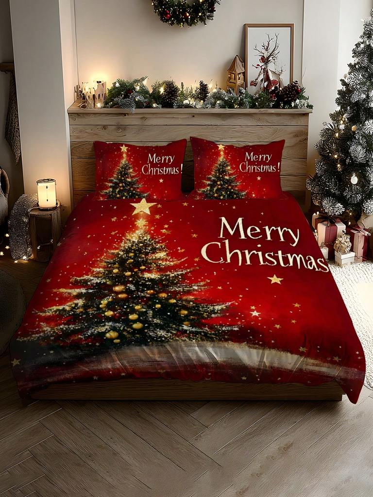 2/3pcs Christmas Tree, Gift, Snowflake, Deer, Santa Claus Pattern Digital Printing Brushed Duvet Cover Set, Soft & Comfortable