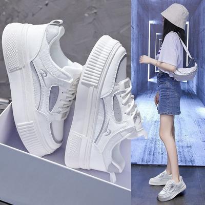 Spring New Platform Leather Platform Mesh Breathable Color Matching White Shoes Women's Casual Sports Student Board Shoes