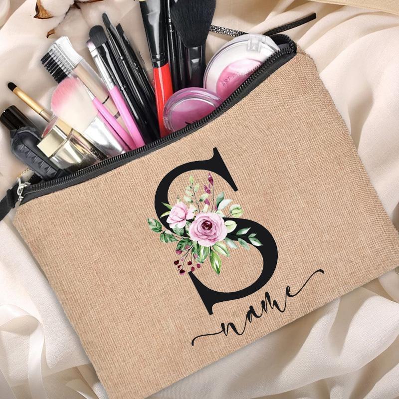 Linen Makeup Bag Customized Personalized Name Cosmetic Bag Bridesmaid Clutch Outdoor Travel Beauty  Bachelor Party Lipstick Bag