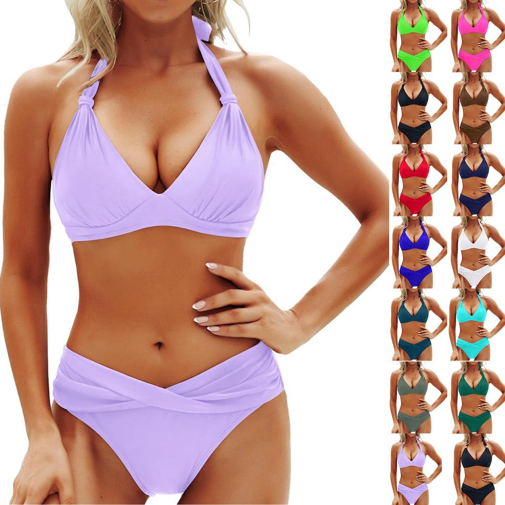 Women Two Piece Bikini Set Top with Knotted Straps and Ruched Mid Rise Bottom Swimsuit