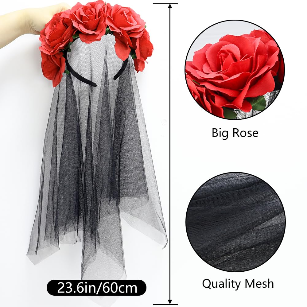NODG Day of the Dead Headband, Retro mesh carnival head button, Halloween day rose flower party hair accessories headband black female