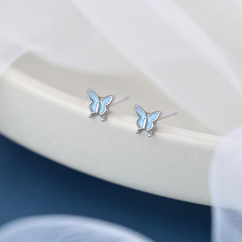 Exquisite Blue Butterfly Stud Earrings for Women - Simple, Fresh, Cute, Small. Perfect for Daily Commute or Student Wear. Trendy Design.