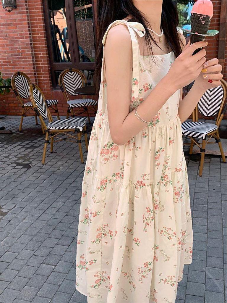 Sweet Age Reduction Cute Floral Dress Women's Waist and Thin French Suspender Skirt Summer Design Lace-up Dress