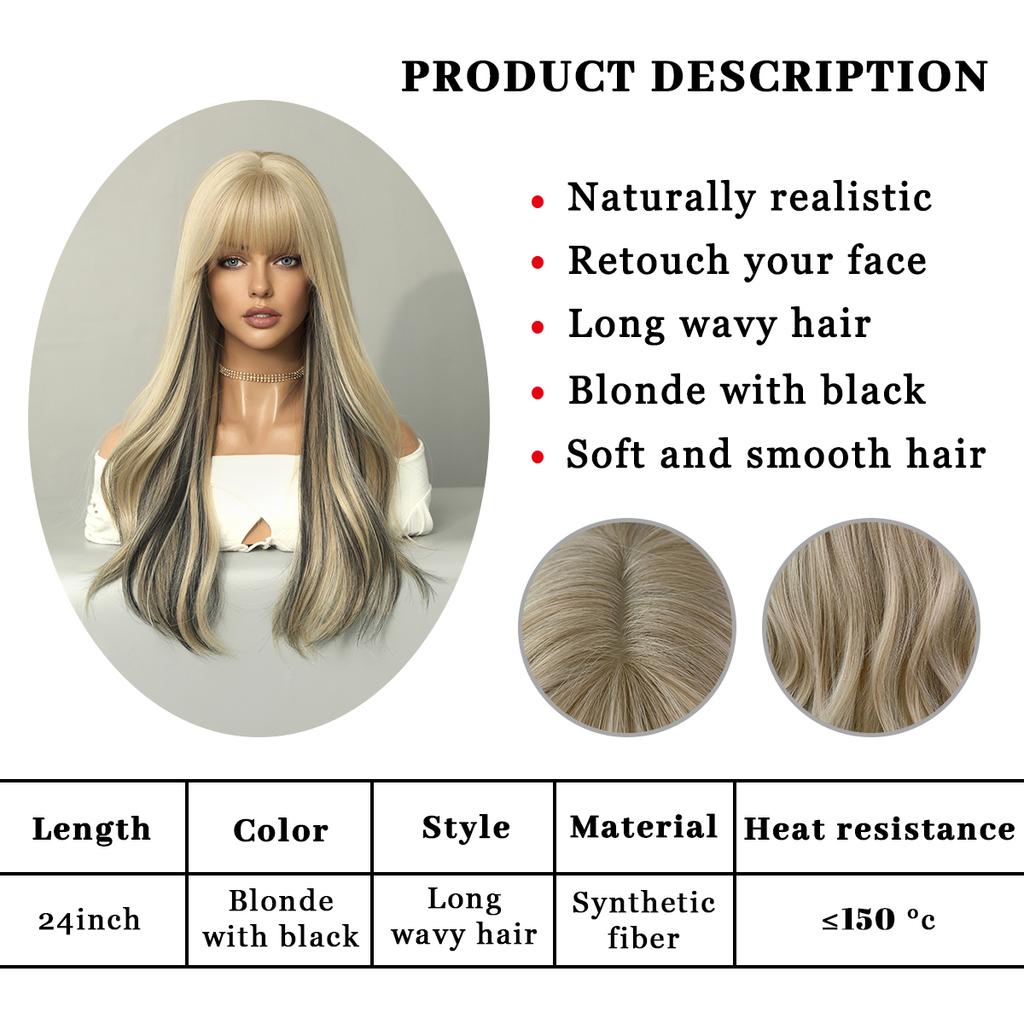 Perucas Sintéticas Longas Cacheadas Loiro com Preto Perucas de Cabelo Natural Partição Central para Mulheres Usar Para Cosplay Diário Lolita Resistente ao Calor