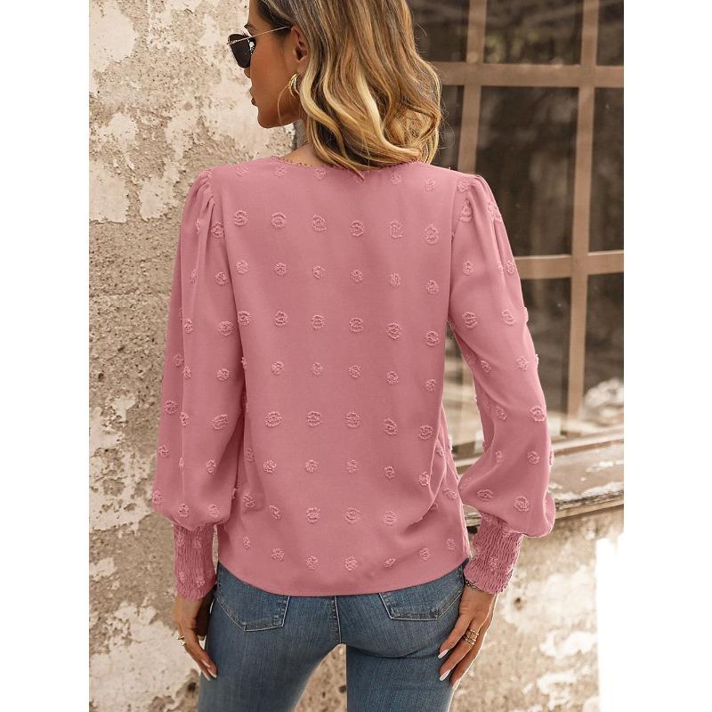 YYFS Dámská móda Ležérní jaro podzimní jednobarevné halenky a košile s dlouhým rukávem a výstřihem do U