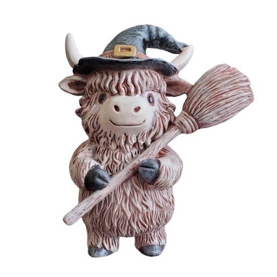 Highland Cow Resin Figurine Halloween Christmas Highland Cattle Cat Statue Animal Sculpture Holiday Party Decoration Ornament