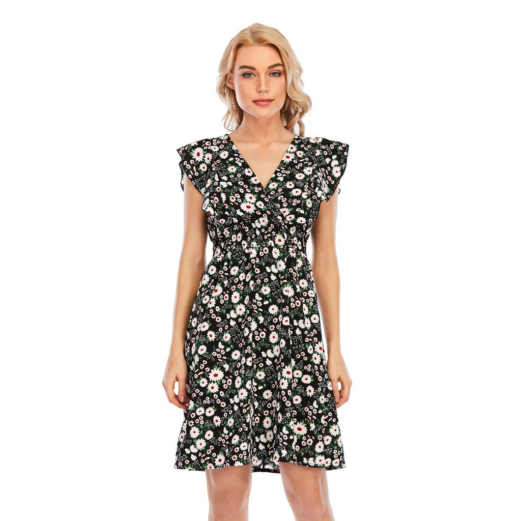 Women Summer V-Neck Chiffon Print Ruffled Sleeveless High Waist A Line Chic Dress S-XXL