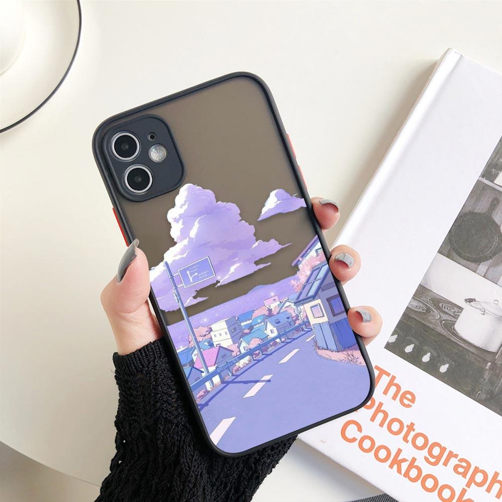 Matte Hülle für iPhone 11 12 13 14 Pm Pro Max XR X 8 7 Plus Pro XS Mini Skin Feeling Cover Japan Anime Handbemalte Hauslandschaft
