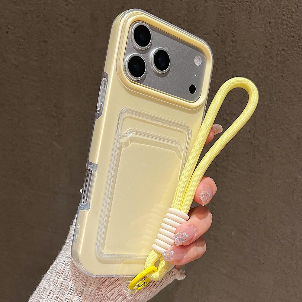 Candy Color Card Slot Bag Holder Phone Case For iPhone 17 16 15 14 13 12 11Pro Max Air Wrist Strap Shockproof Cover With Lanyard