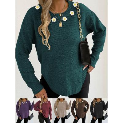 Herbst und Winter Neue Pullover Tops Damen Handgehäkeltes Blumen-Stitching Rundhals kariert Lässiger Pullover