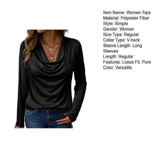 Top da Donna Vestibilità Larga Scollo a V Manica Lunga Camicia Colore Puro Primavera Autunno Blusa Casual Versatile per l'Uso Quotidiano