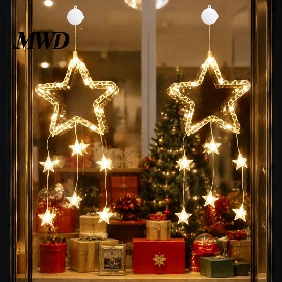 New Year Festive Atmosphere Light LED Christmas Window Star Decoration, Battery Operated Hanging Warm Non Punching Wall Ornament Lighted Shaped