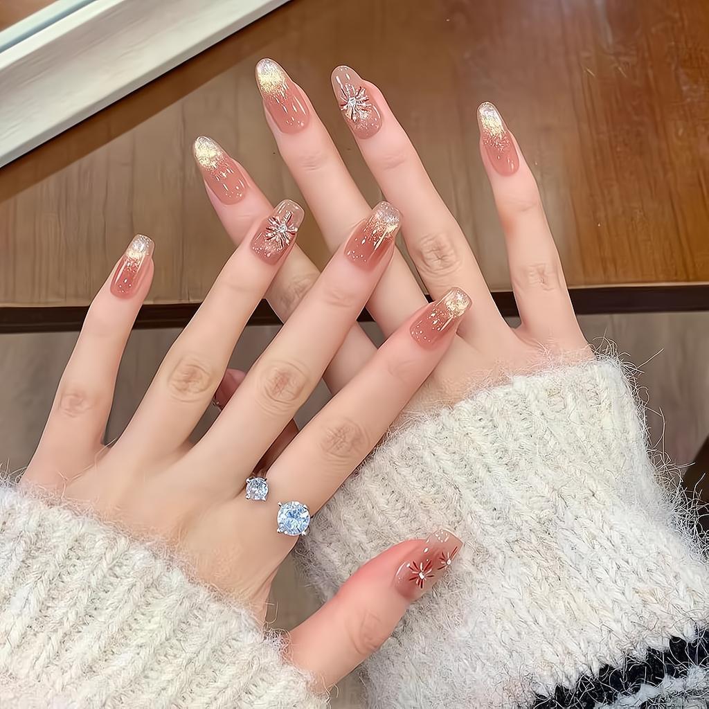 Press On Nails Cat Eye Fake Nails with Glitter Design Artificial Acrylic Nails Glossy False Nails Full Cover Stick On Nails Glue On Nails for Women