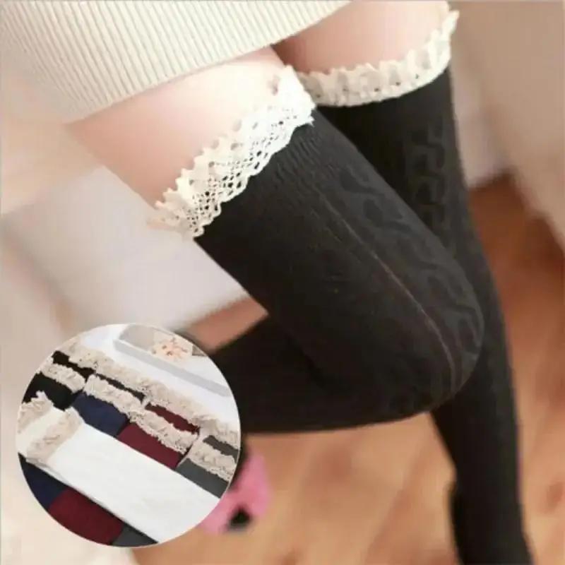 1 Pair Women Fashionable Solid Color Warm Cotton Thigh High Long Stockings Knit Over Knee Lace Girls Socks Accessories Creative
