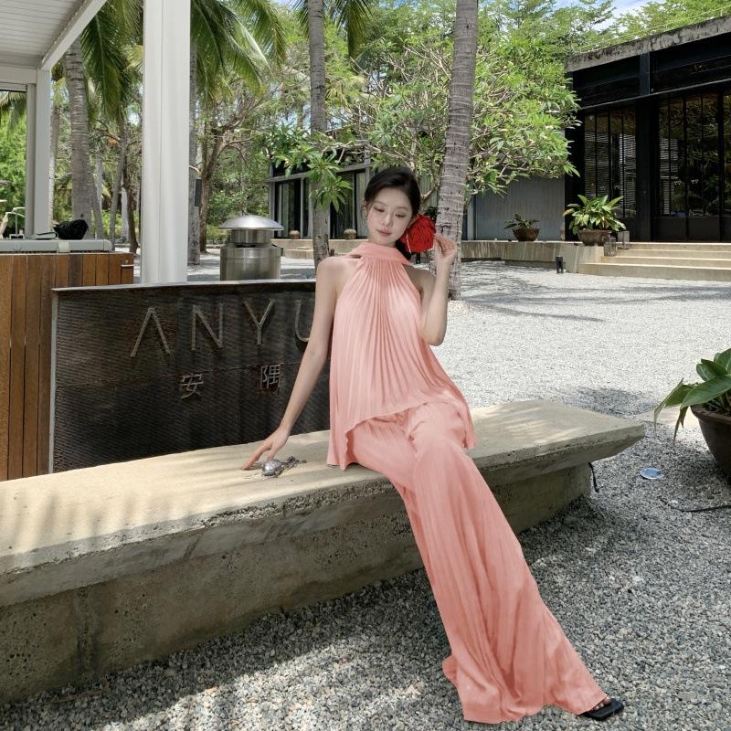 

Красивое пляжное платье, нежный розовый топ с вырезом, широкие повседневные брюки, комплект из двух предметов для женщин S розовый