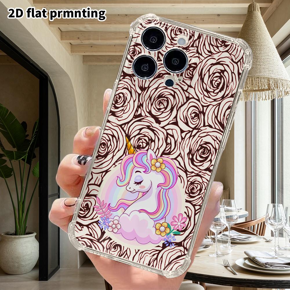 Phone Case: 2D Flat Design, Fits iPhone 18 17 16 15 14 13 Pro, Transparent Corners Protection Case, Rainbow Unicorn, Christmas and Halloween Gift
