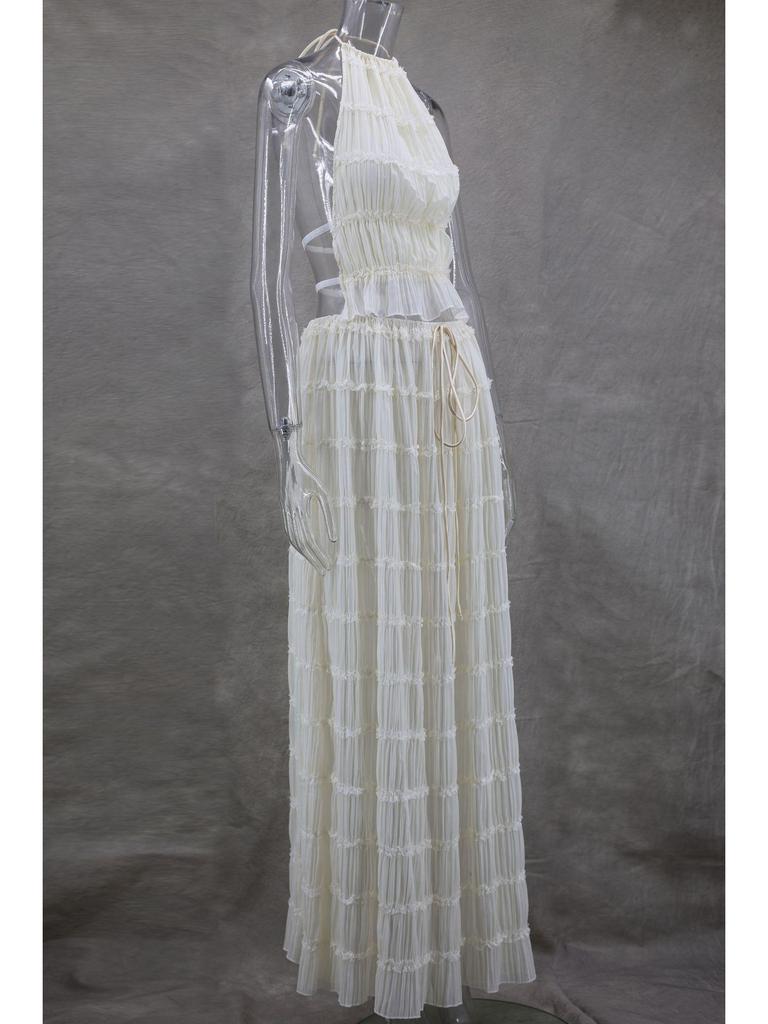 2024 Spring/Summer European & American Fashion Backless Halter Lace Ruffle Maxi Dress Set