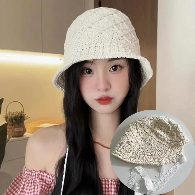 Summer Hollow Out Knitted Bucket Hat for Women Lace Up Sunshade Foldable Straw Hats Korean Girl Breathable Sunscreen Basin Cap