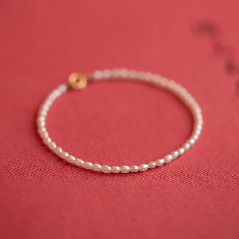 Women's Rice Freshwater Pearl Beaded Bracelet Real Gold Plated Brass Fashion Statement Jewelry